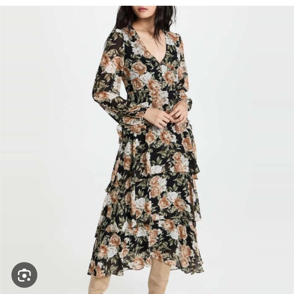 En Saison Floral Long Sleeve Dress Black Cream Brown